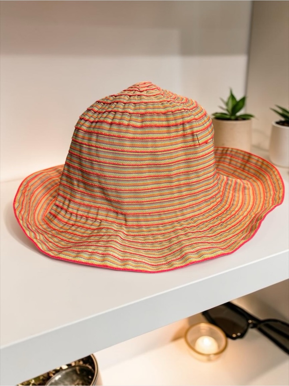 100% Cotton Made in Italy Striped Sun Hat in Yellow, Green, Orange, and Pink - Picture 2 of 5